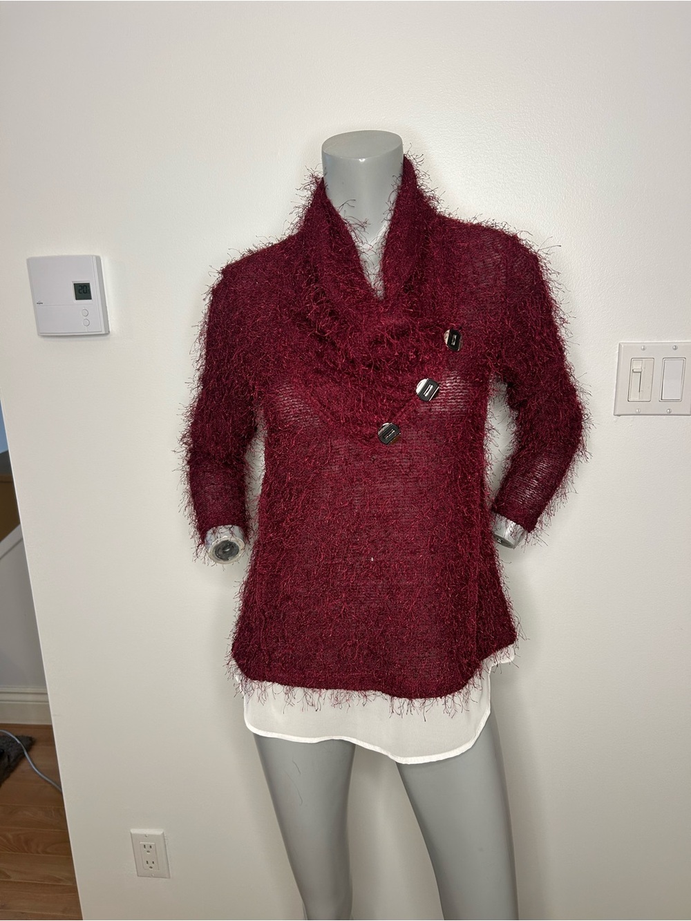 Cozy Burgundy Fuzzy Cowl-Neck Sweater with Asymmetric Buttons